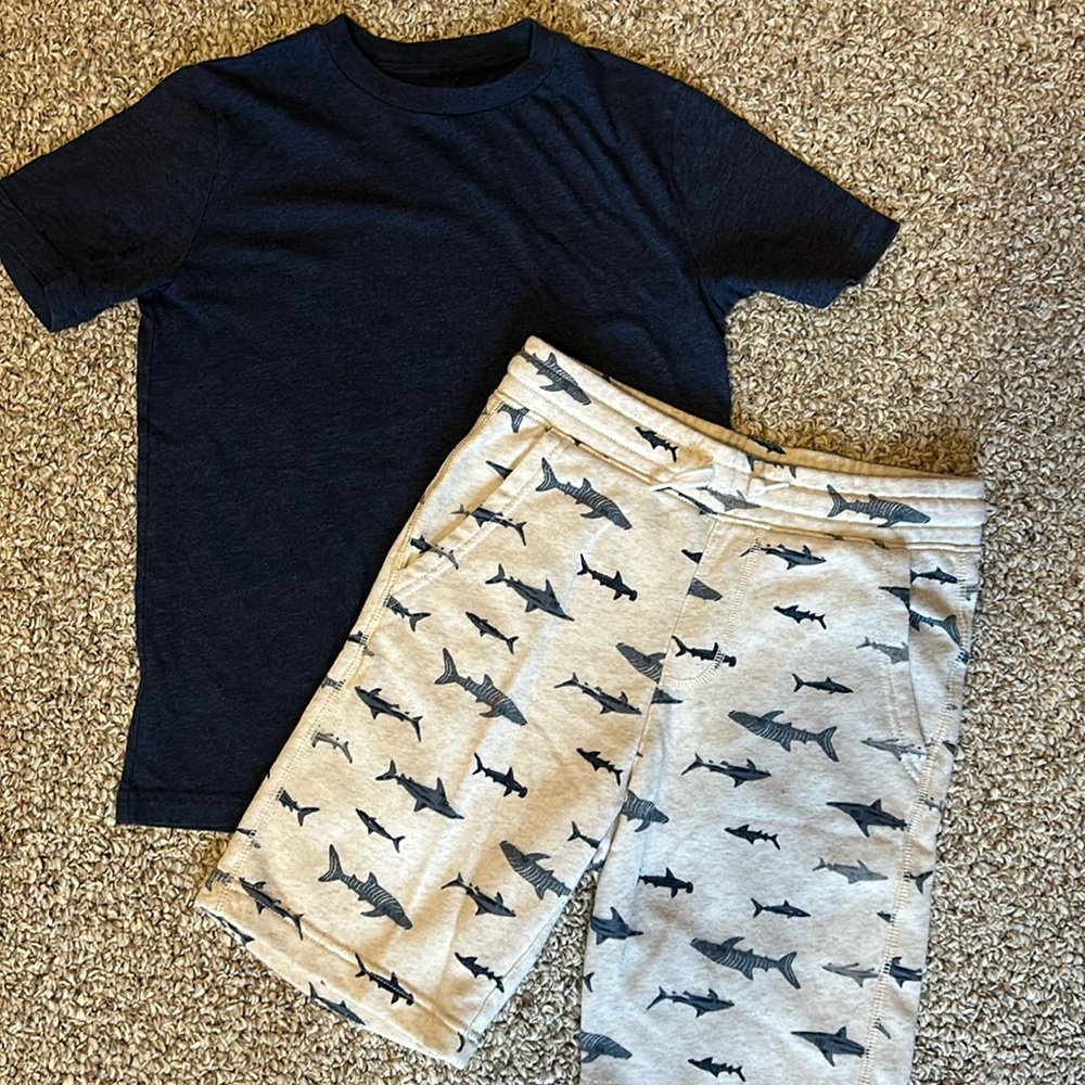 Boys 10/12 shark shorts and navy tee.